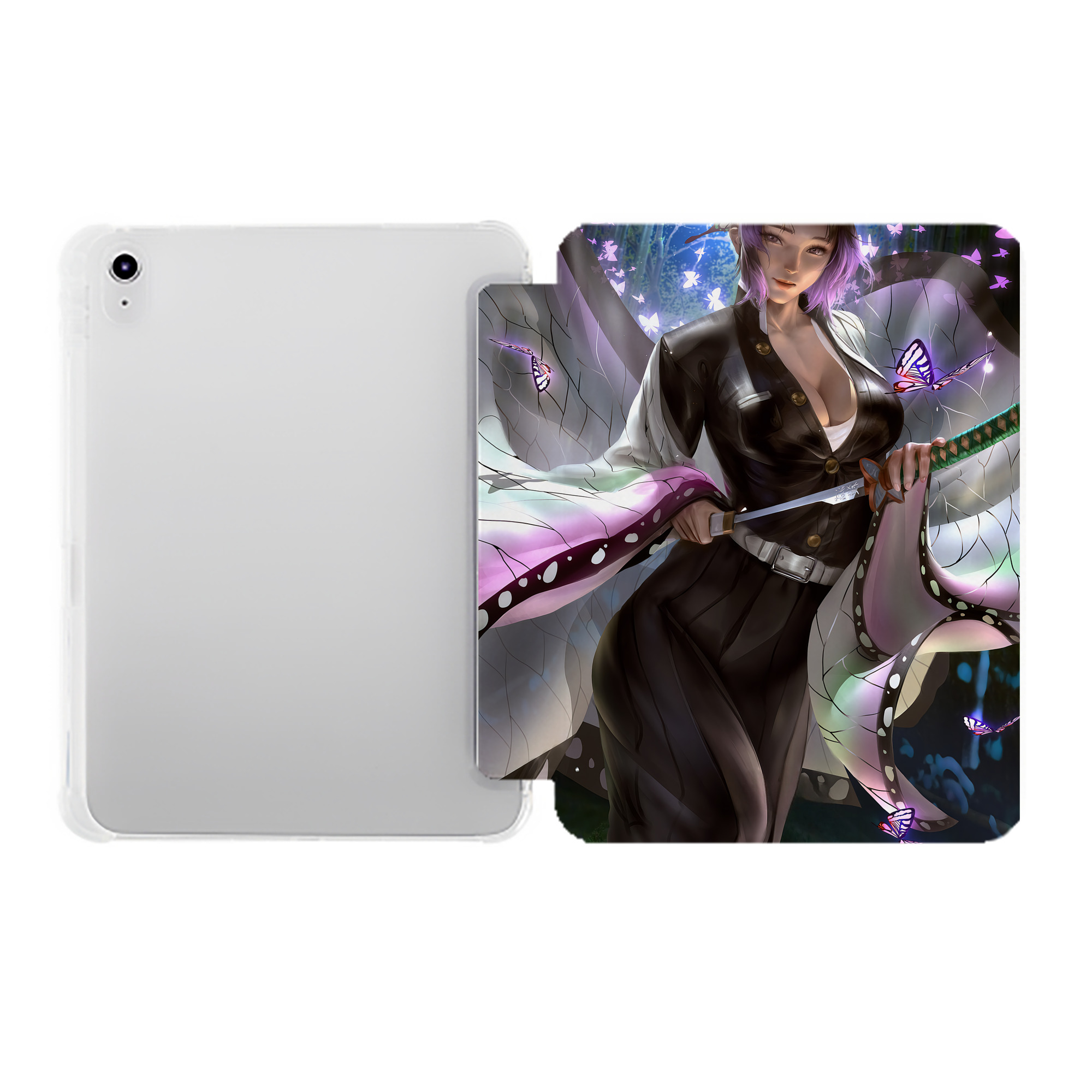 （画像用） 鬼滅の刃（きめつのやいば）蟲柱-胡蝶 しのぶ／こちょう しのぶ Kochou Shinobu IPad ケース ペン収納付き 三つ折りスタンド PUレザー×シリコン 対応機種9.5/10.5/10.9インチ